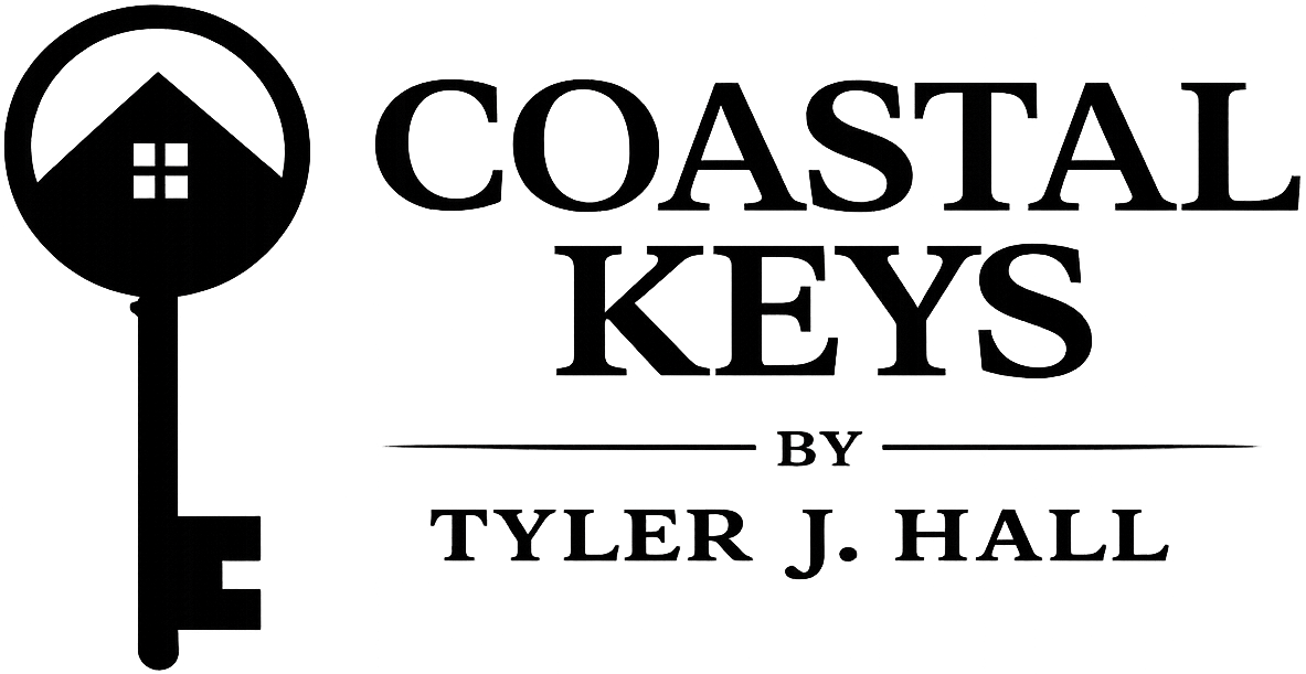 Logo with a key featuring a house silhouette inside the keys head, next to the text COASTAL KEYS by TYLER J. HALL in bold, uppercase letters.