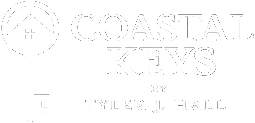 new logo White logo with a key shape featuring a house inside the key’s head, next to large text reading COASTAL KEYS, with smaller text below reading BY TYLER J. HALL.